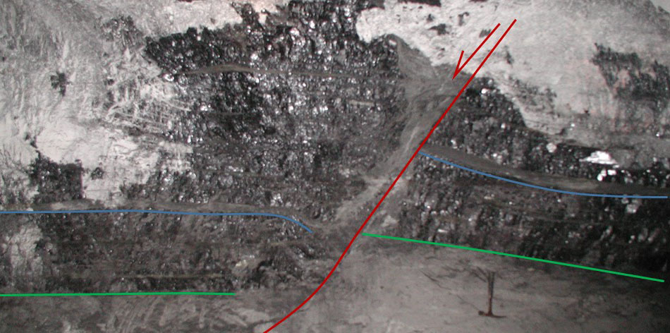 Small clay-vein fault (red) offsetting the Herrin (W. Ky. No. 11) coal bed. The clay-vein is adjacent to the fault. Blue line is the base of the blue-band parting. Green line is base of seam. Hammer for scale.